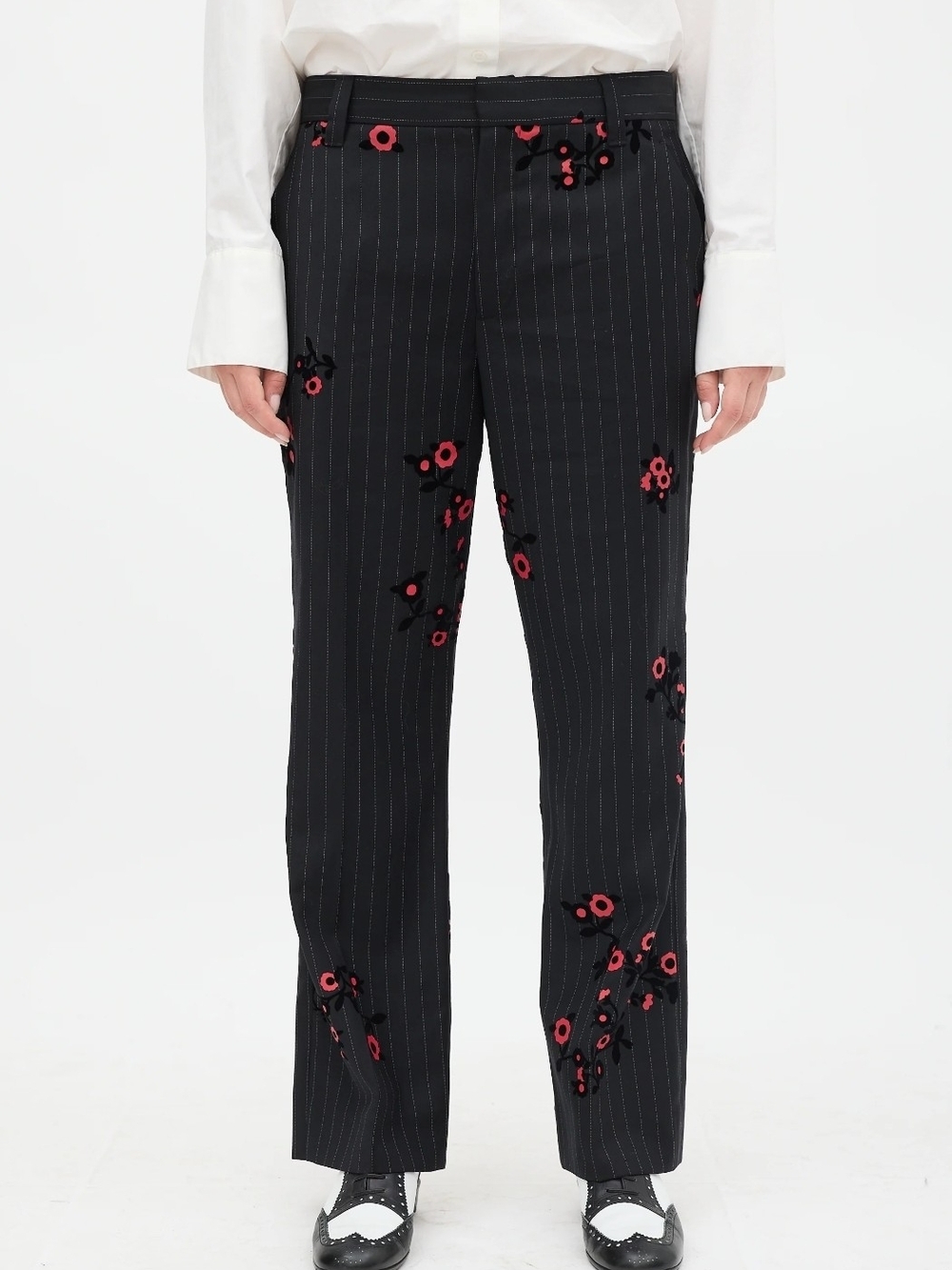 Marc Jacobs Black Pinstripe Trousers with Red Floral Appliqué